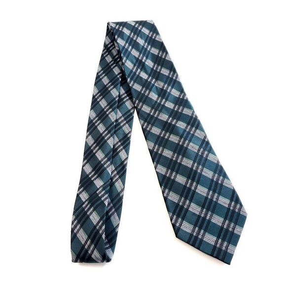 Calvin Klein Green Gray Plaid Woven Viscose Silk Tie - Picture 6 of 6